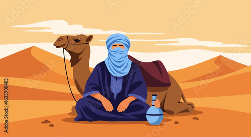 Nomad In Desert Resting With Camel And Water Bottle Under Cloudy Sky