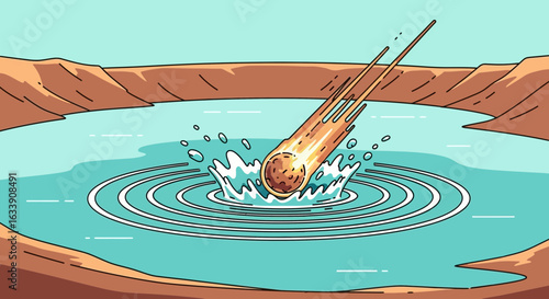 Meteor Strike Graphic Over Water Body In Vast Remote Landscape Illustration