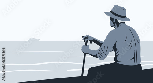Nostalgic Senior Contemplating Distant Horizon on Beach with Minimalist Style