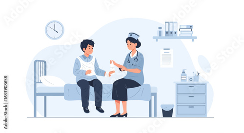 Nurse Is Wrapping Bandage On Injured Patient In Hospital Room Illustration