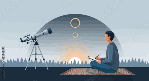 Observing Celestial Bodies Through a Telescope And Making Notes Outdoors