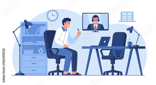 Modern Man Having Virtual Meeting From Home Office With Remote Colleague