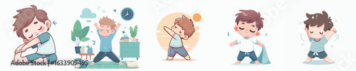 vector of a little boy stretching after waking up