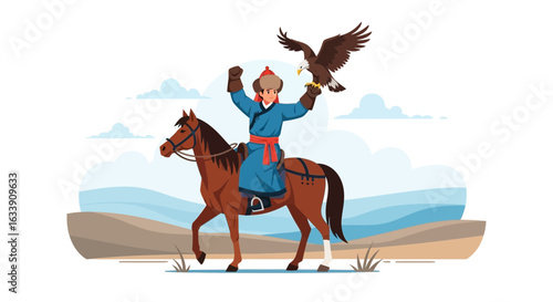 Mongolian Horseman With Eagle For Traditional Falconry Cultural Heritage