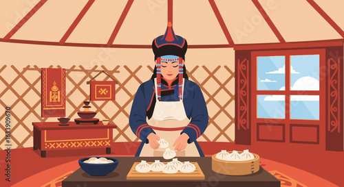 Mongolian Woman Preparing Buuz Dumplings Inside a Traditional Yurt Tent