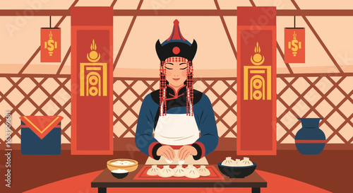 Mongolian Woman Preparing Traditional Buuz In A Yurt In A Cozy Atmosphere