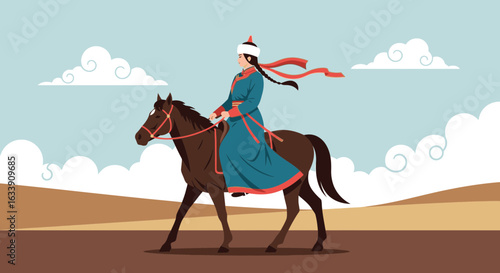 Mongolian Woman Riding Horse Across Steppe Landscape With Blue Sky
