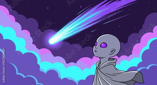 Otherworldly Child Witnessing a Celestial Spectacle in a Colorful Sky