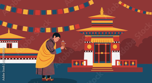 Monk Spins Prayer Wheel At Peaceful Ancient Temple With Banners