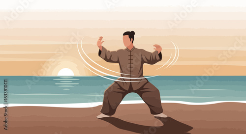 Morning Practice Tai Chi On The Beach Meditative Movement And Harmony