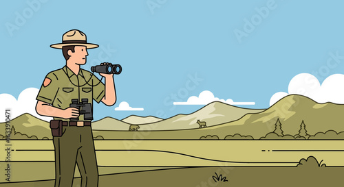 Park Ranger Observes Wildlife In A Scenic Mountain Landscape Illustration