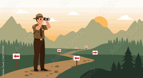 Park Ranger Observing Directional Changes In A Mountainous Environment At Sunset