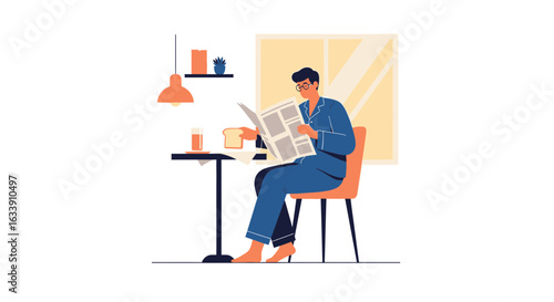 Morning Routine Man Enjoying Breakfast News In Pajamas At Home