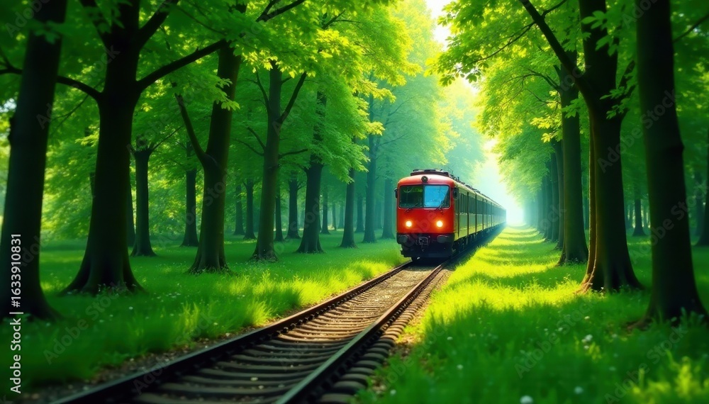 Fototapeta premium Train gliding through vibrant green tunnel of trees , railway, train, vibrant