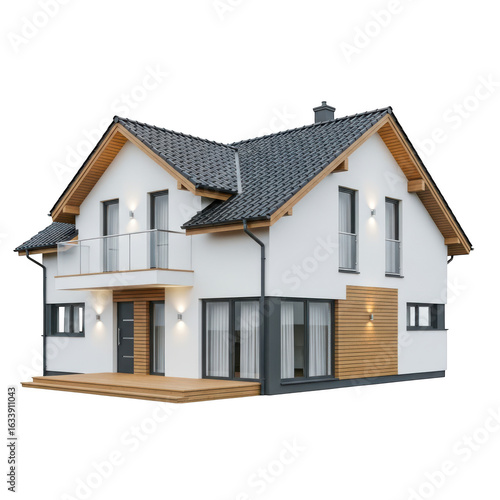 3d icon of modern twostory house with a gray roof and white walls isolated on white isolated on transparent background