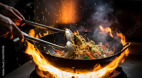 Chef tossing noodles and vegetables in a flaming wok creating sparks and intense heat.