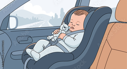 Peaceful Journey Baby Asleep In Car Seat With Teddy Bear On Road Trip