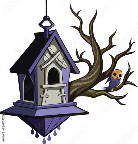 Spooky summer backyard BBQ scenes Spooky summer backyard BBQ scenes Purple Birdhouse and Owl Illustration