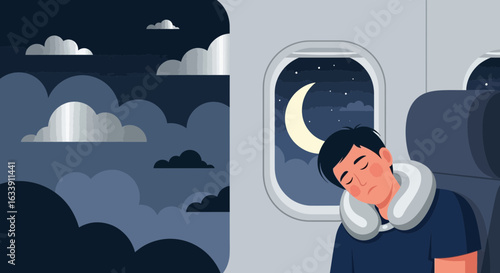 Peaceful Rest During Night Flight Enjoying Calm Sleep Near Aircraft Window