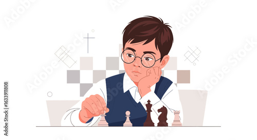 Pensive Boy Concentrating on a Chess Game Strategy And Analyzing Moves