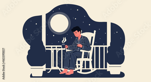 Pensive Evening: Solitude Under Moonlight On The Porch Illustration