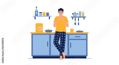 Pensive Man In Pajamas Standing In Kitchen Contemplating Morning Routine