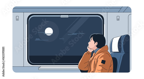 Pensive Passenger Travels By Night Train Gazing At Moonlit Scenery Outside