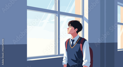 Pensive Teenager Gazing Out School Window Contemplating Future Dreams