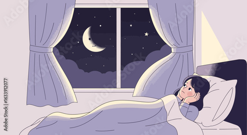 Pensive Woman Lying Awake Contemplating Under Crescent Moon At Night