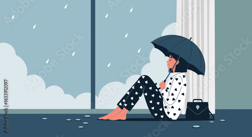 Pensive Woman With Umbrella Sitting By Window During Rainy Day At Home