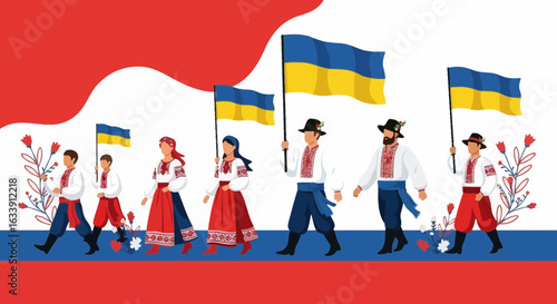 People In Traditional Ukrainian Clothes Marching With Ukrainian Flags