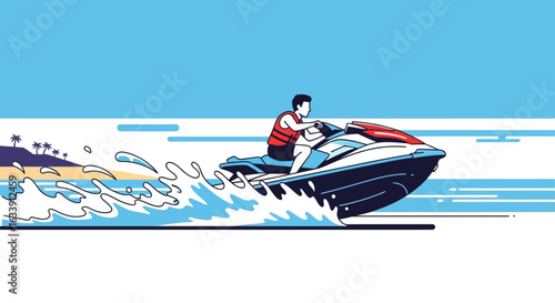 Person Enjoying Water Ride On A Fast Modern Jet Ski In Blue Water And Ocean