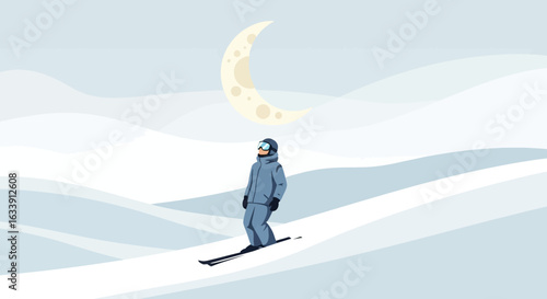 Person Skiing Under Crescent Moon During Winter Outdoor Snow Adventure