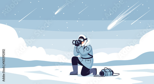 Photographer Capturing Celestial Events Under the Starry Winter Sky Landscape