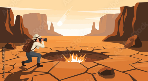 Photographer Capturing Meteorite Impact Site In A Remote Desert Landscape