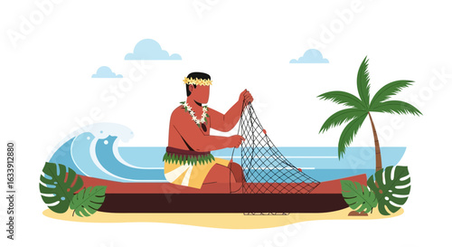 Polynesian Fisherman Preparing His Net in a Traditional Outrigger Canoe