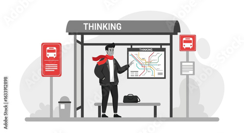 Pondering Commuter At Bus Stop Analyzing Route Map While Waiting