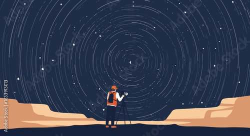 Photographer Capturing The Night Sky With Star Trails In Desert Landscape