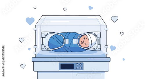 Premature Infant Care in Incubator with Floating Hearts on White Background