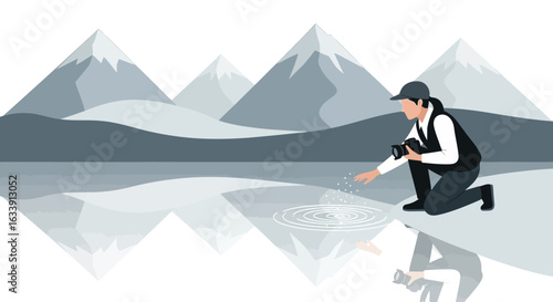 Photographer In Alpine Landscape Creating Ripples In A Tranquil Lake Scene