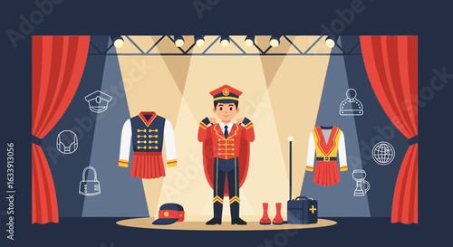 Prepared Stage Illusionist Cartoon With Props And Decorative Costumes