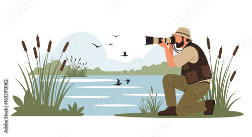 Photographer Capturing Wildlife Near Lake Nature Scenery Recreation Outdoors