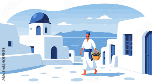 Picturesque Island Village With Native Holding Basket Of Fresh Harvest