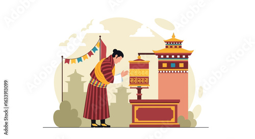 Pilgrim Prayers: A Peaceful Moment In Front Of A Colorful Prayer Wheel