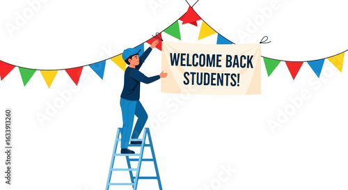Preparing School With Garland And Banner For Welcoming Students Back Education