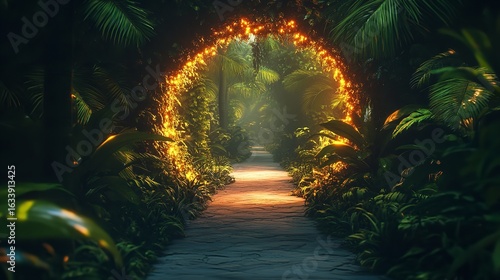 Embracing a magical glowing portal into a lush tropical haven beckoning travelers with dreams captured with dark moody