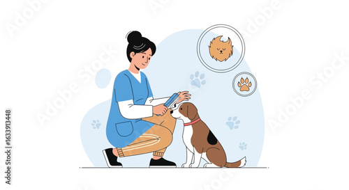 Professional Groomer Brushing Pet Dog Breed In Grooming Salon Illustration