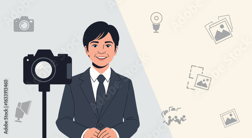 Professional Photographer Avatar In Suit With Digital Camera And Photo Elements