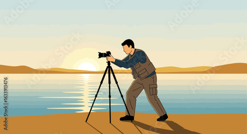 Professional Photographer Capturing Landscape During Golden Hour On Waterside Location