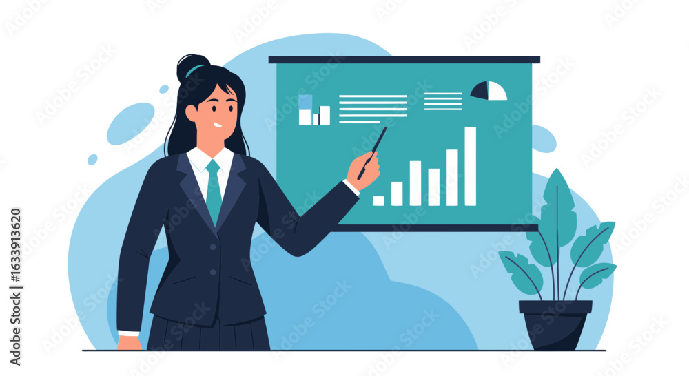 Fototapeta premium Professional Woman Presenting Business Data And Growth With Chart Screen